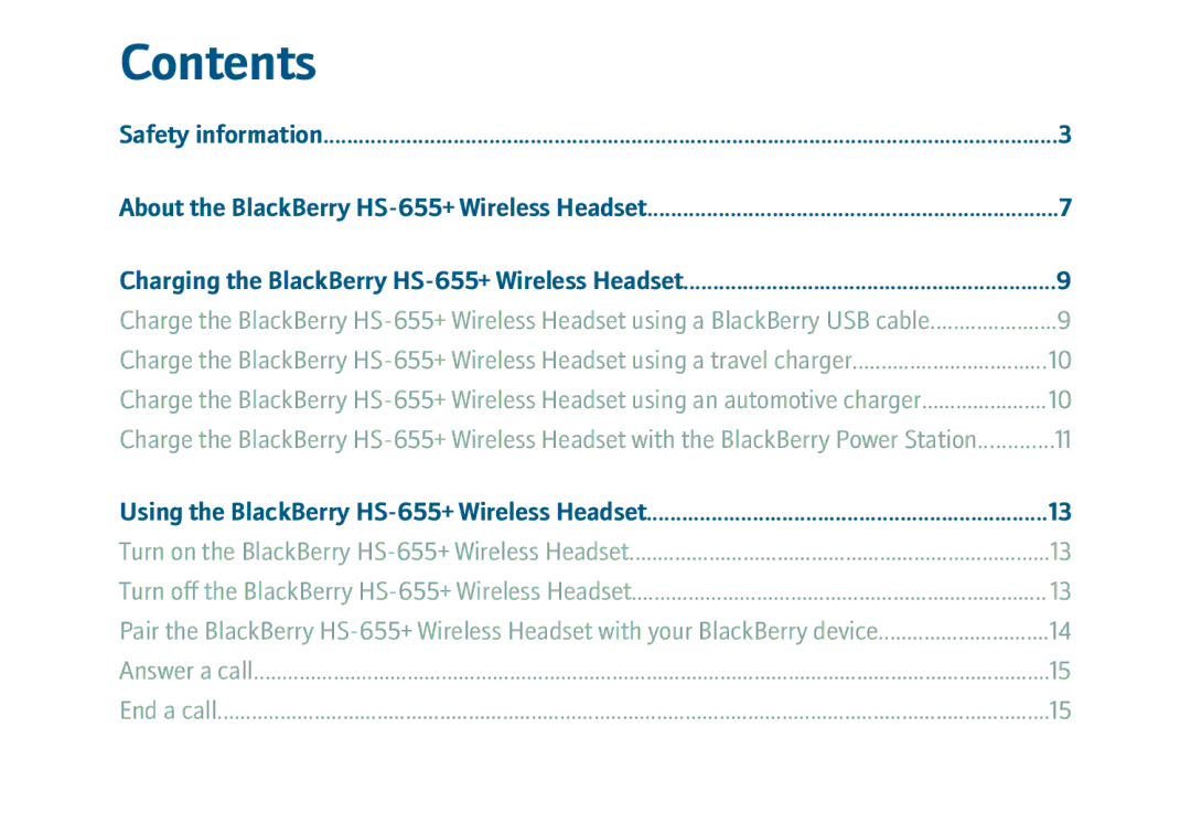 Blackberry HS-655 manual Contents 