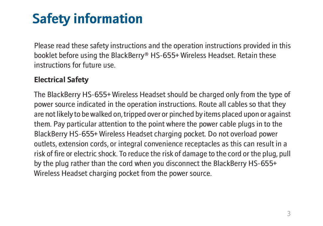 Blackberry HS-655 manual Safety information, Electrical Safety 