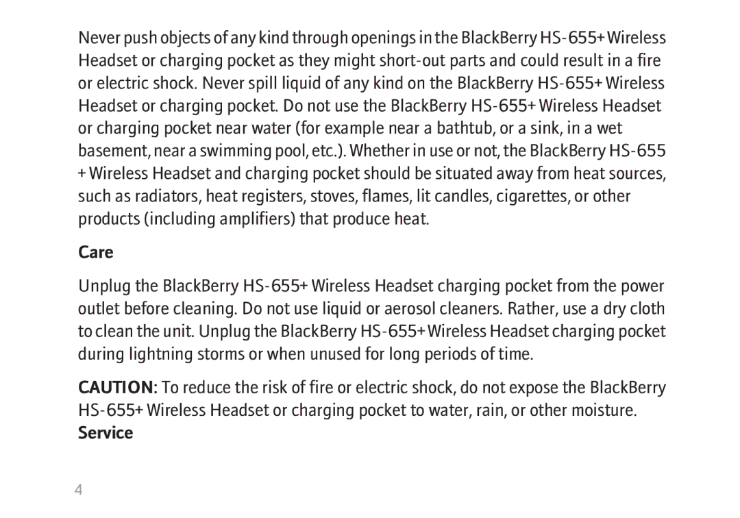 Blackberry HS-655 manual Care 