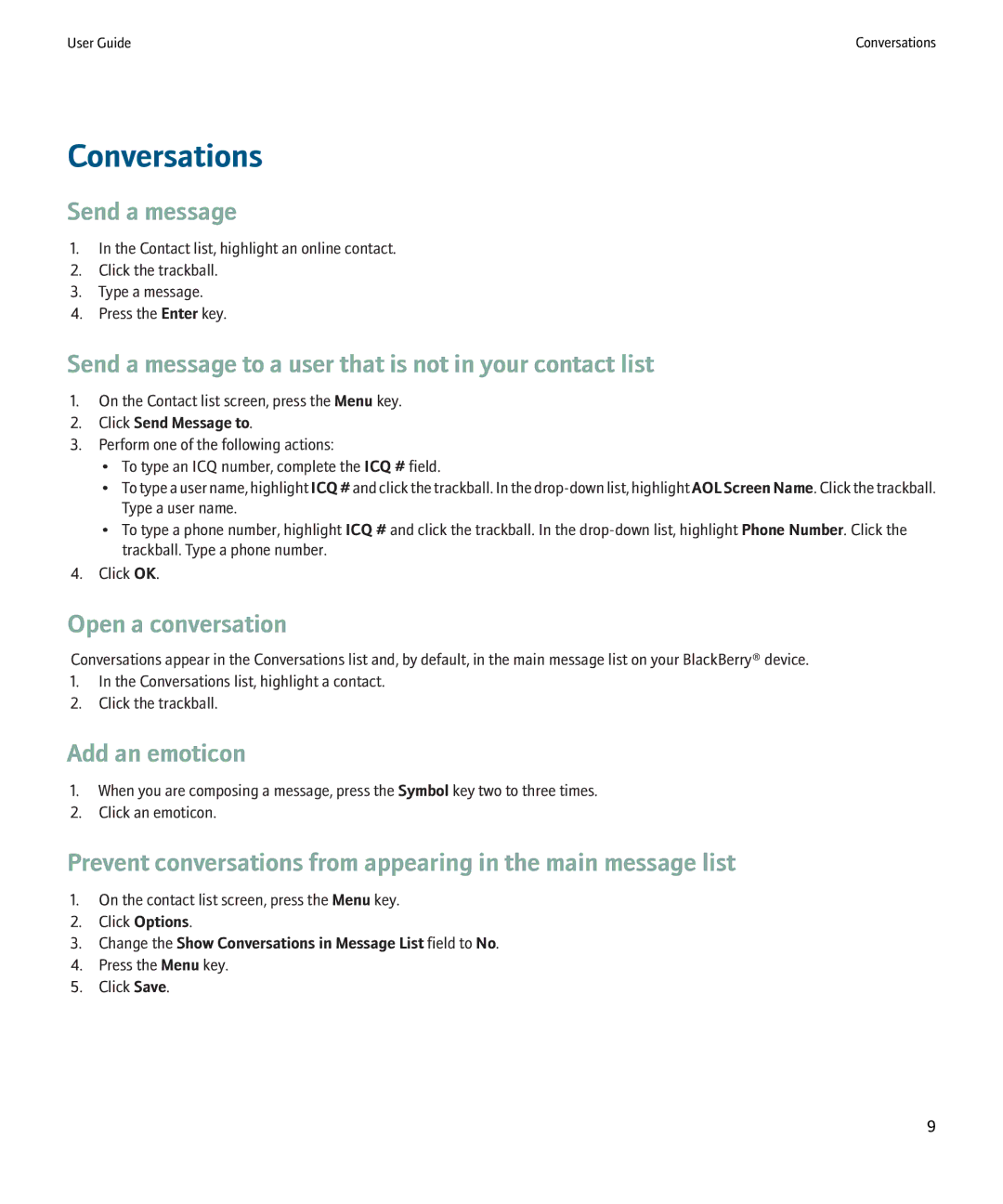 Blackberry ICQ manual Conversations, Send a message to a user that is not in your contact list, Open a conversation 