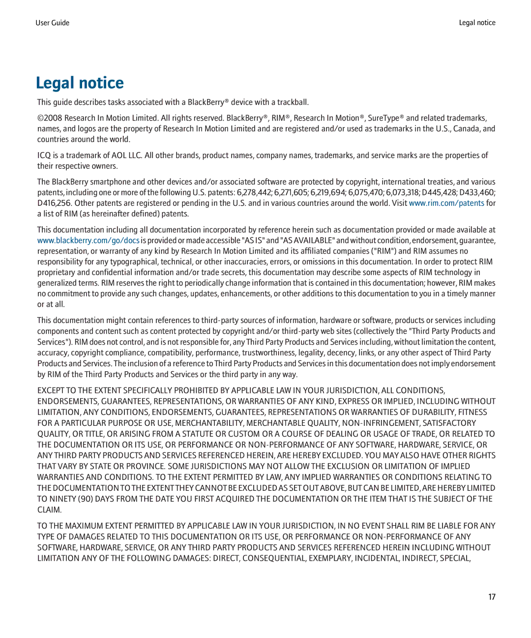 Blackberry ICQ manual Legal notice 