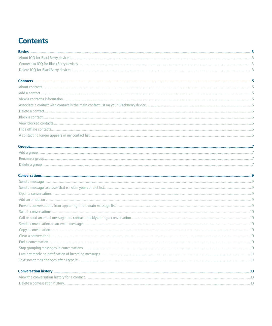 Blackberry ICQ manual Contents 