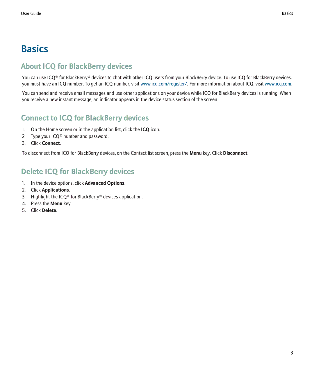 Blackberry manual Basics, About ICQ for BlackBerry devices, Connect to ICQ for BlackBerry devices, Click Applications 