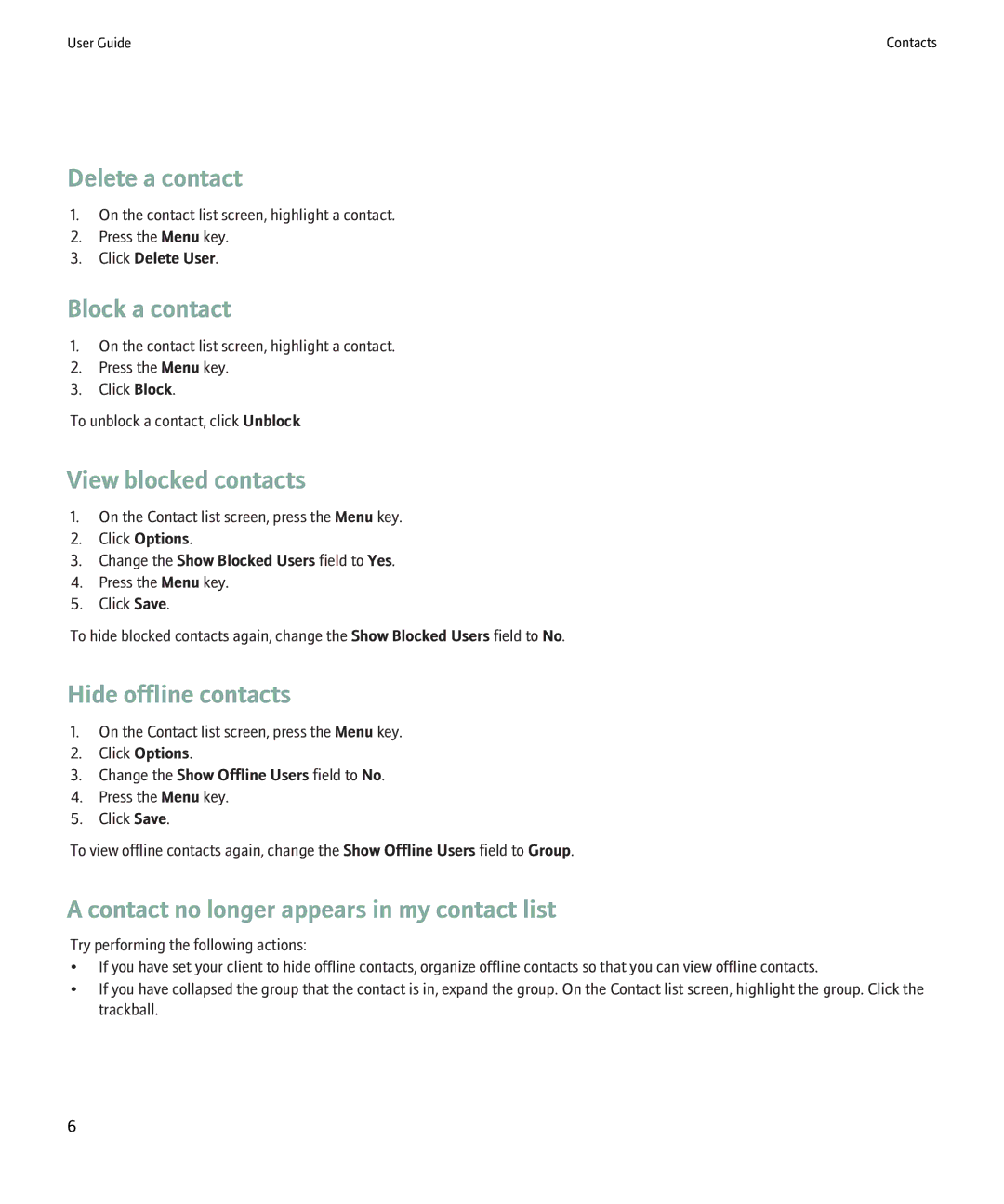 Blackberry ICQ manual Delete a contact, Block a contact, View blocked contacts, Hide offline contacts 