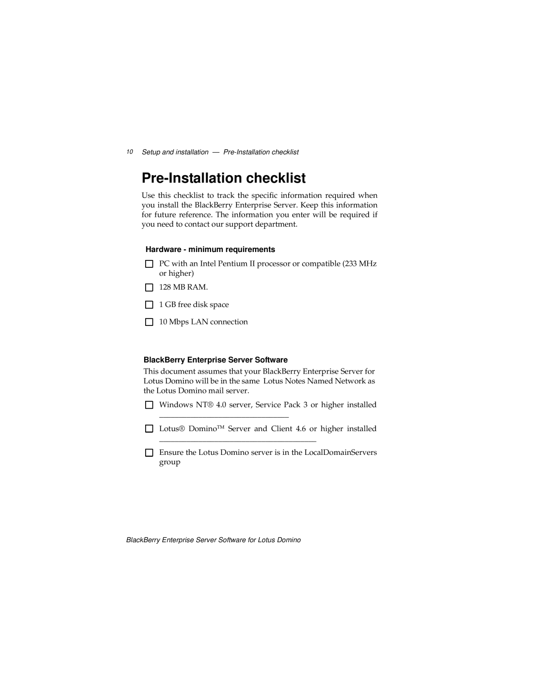 Blackberry MAT-03196-001, 2 manual Pre-Installation checklist, Hardware minimum requirements 