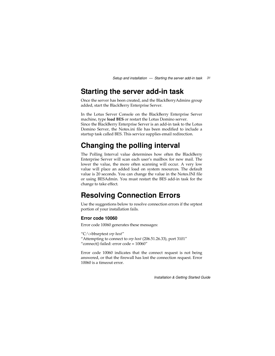 Blackberry 2, MAT-03196-001 Starting the server add-in task, Changing the polling interval, Resolving Connection Errors 