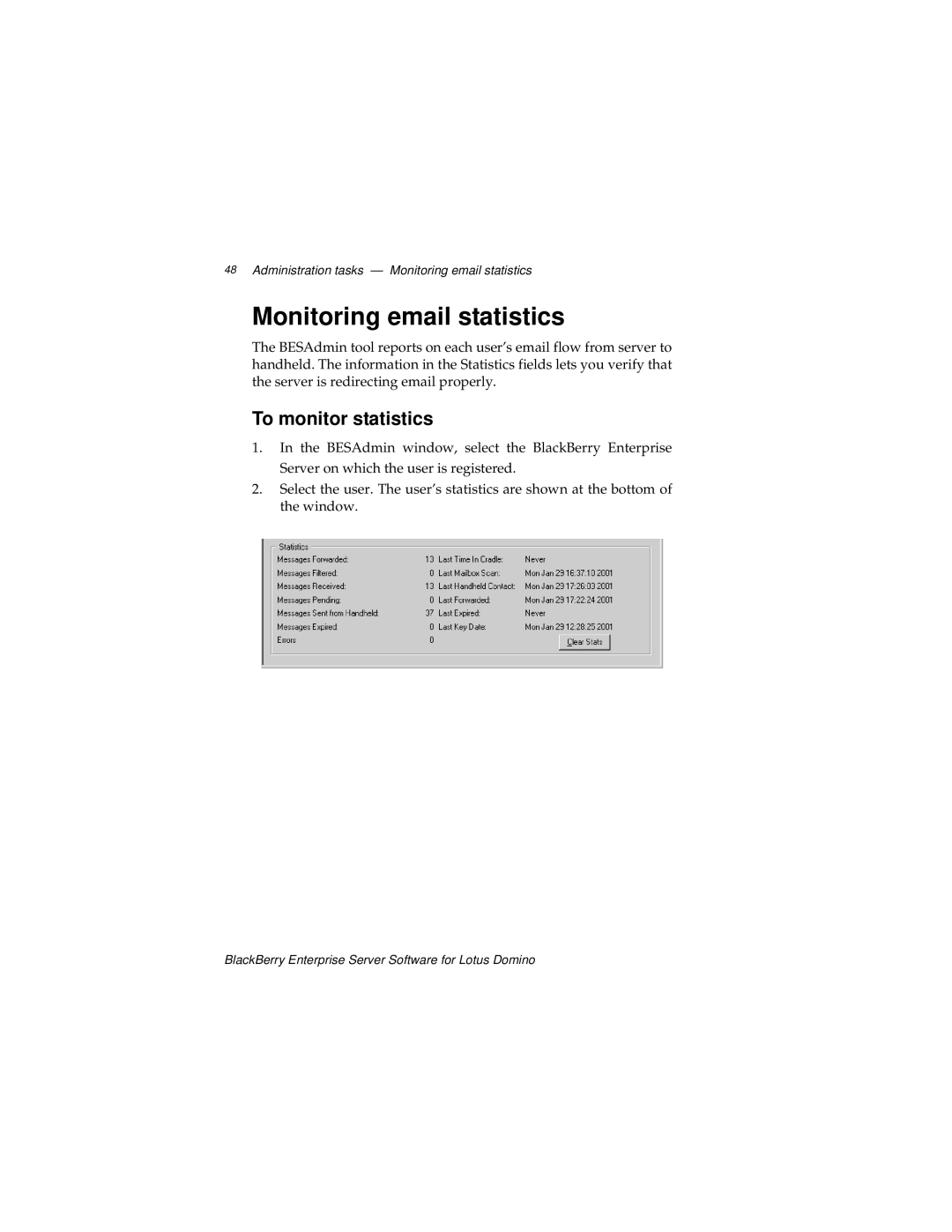 Blackberry MAT-03196-001, 2 manual Monitoring email statistics, To monitor statistics 