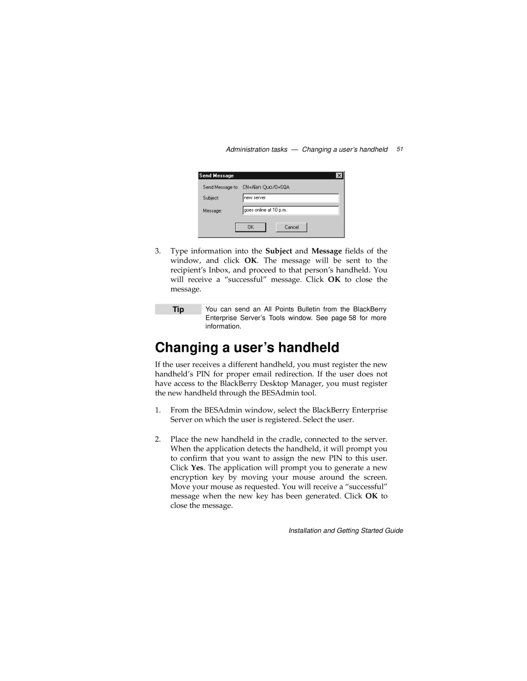 Blackberry 2, MAT-03196-001 manual Changing a user’s handheld 