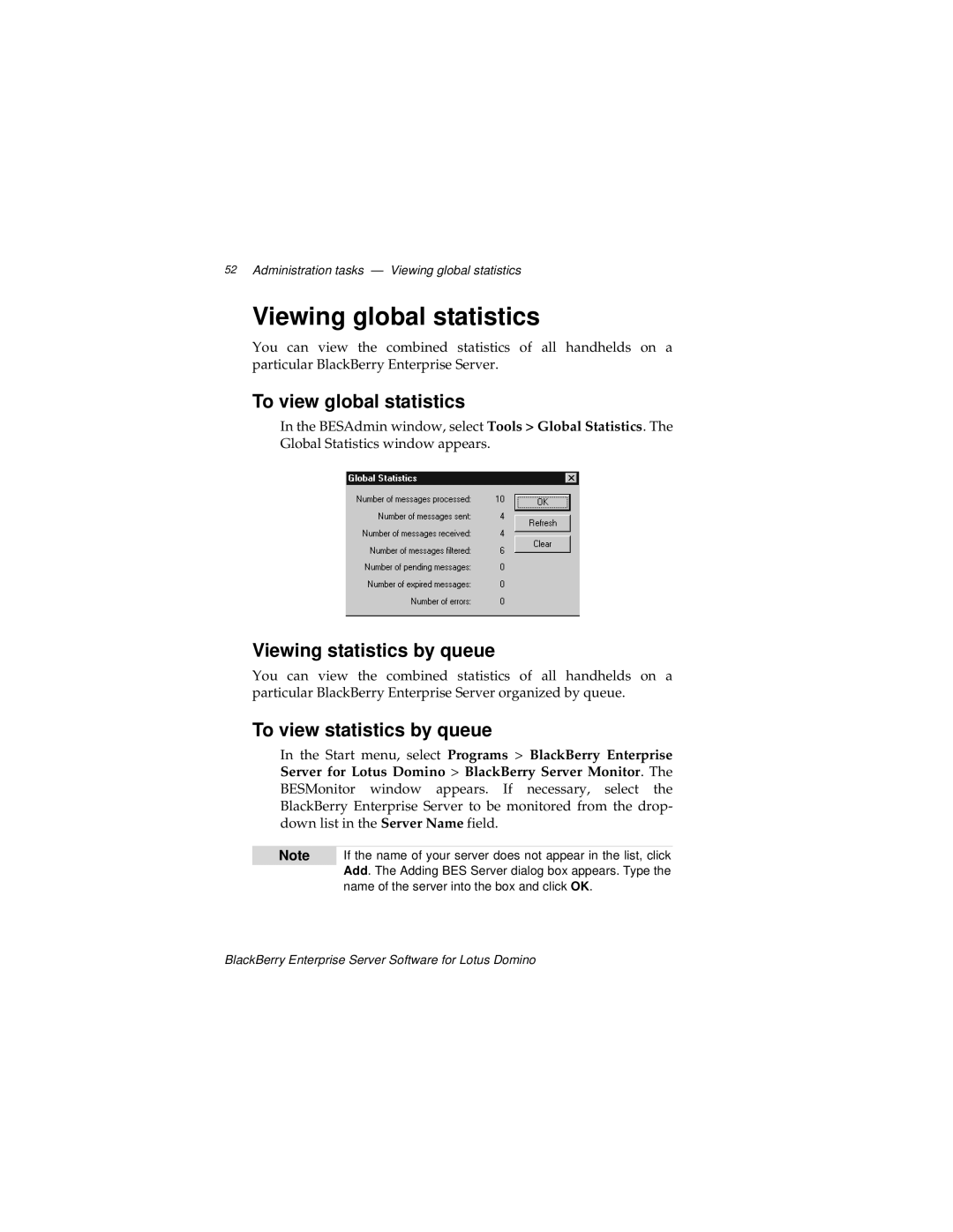 Blackberry MAT-03196-001, 2 manual Viewing global statistics, To view global statistics, Viewing statistics by queue 