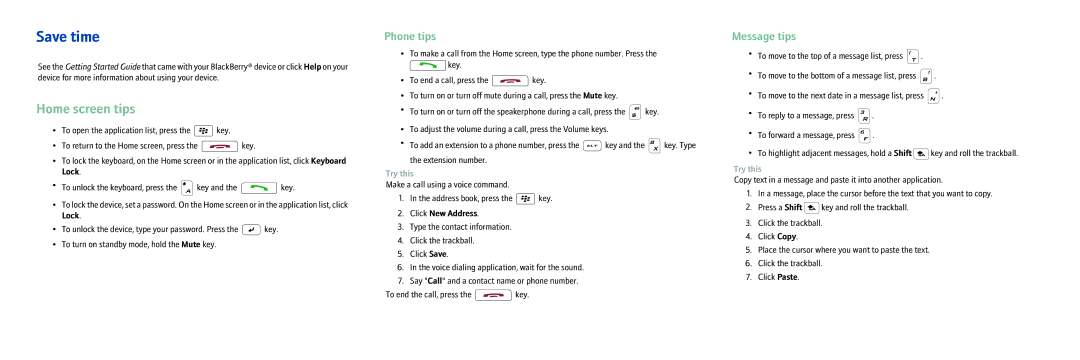 Blackberry MAT-14956-001 manual Save time, Home screen tips, Phone tips, Message tips, Click New Address 