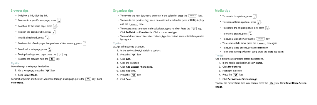 Blackberry MAT-14956-001 manual Browser tips, Organizer tips, Media tips 