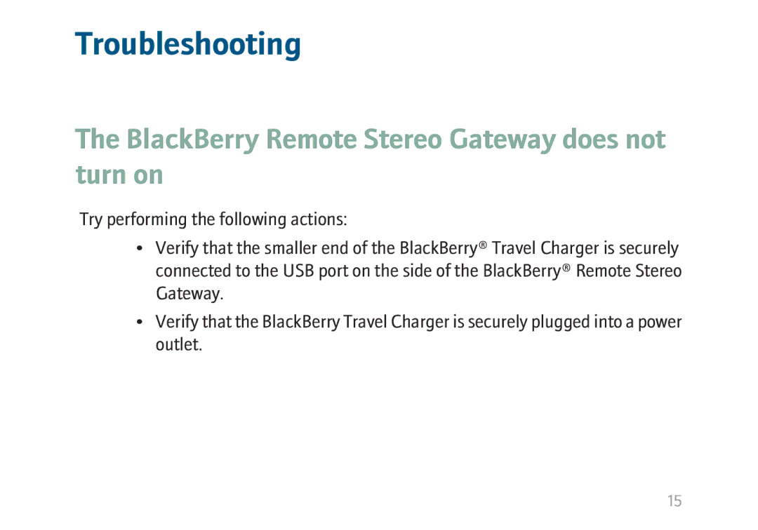 Blackberry MAT-17698-001 manual Troubleshooting, BlackBerry Remote Stereo Gateway does not turn on 