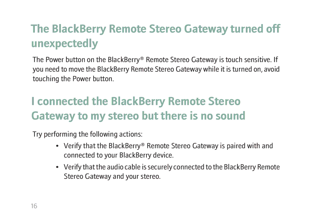 Blackberry MAT-17698-001 manual BlackBerry Remote Stereo Gateway turned off unexpectedly 