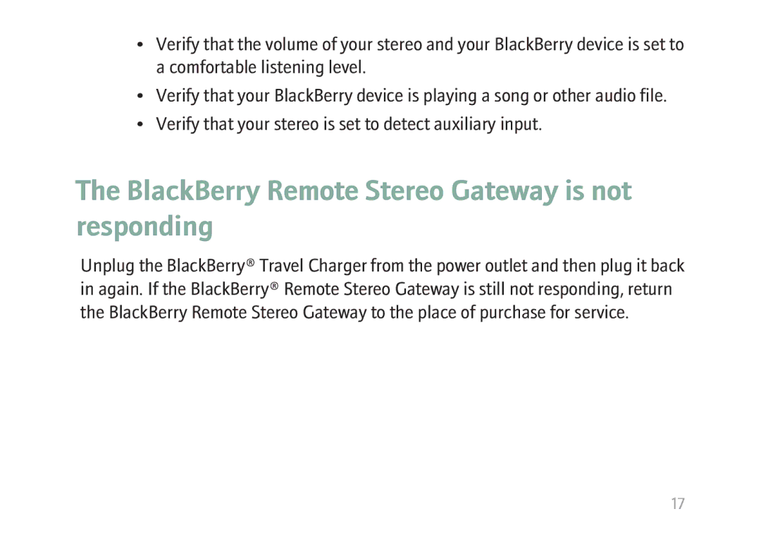 Blackberry MAT-17698-001 manual BlackBerry Remote Stereo Gateway is not responding 