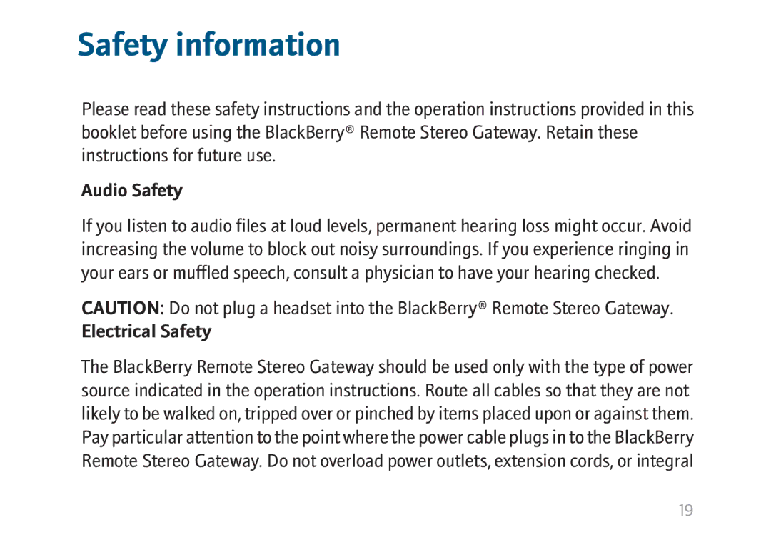 Blackberry MAT-17698-001 manual Safety information, Audio Safety 