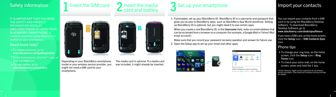 Blackberry MAT-48174-001 | PRINTSPEC-123 Safety information, Insert the SIM card Insert the media, Set up your smartphone 