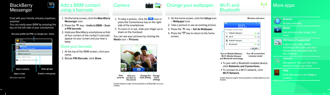 Blackberry MAT-48174-001 | PRINTSPEC-123 BlackBerry Messenger, Add a BBM contact using a barcode, Camera, More apps 