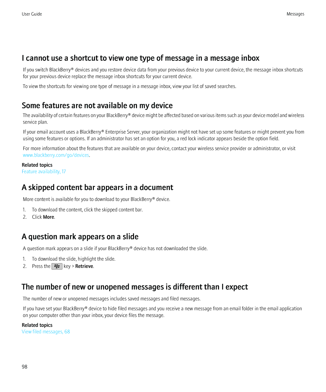 Blackberry 68001, 9800 manual Skipped content bar appears in a document, Question mark appears on a slide 