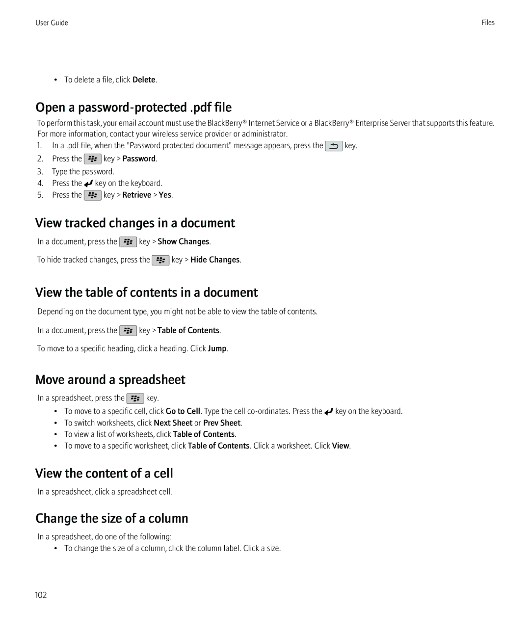 Blackberry NO_CARRIERCNETTORCH9800BLKATT View tracked changes in a document, View the table of contents in a document 