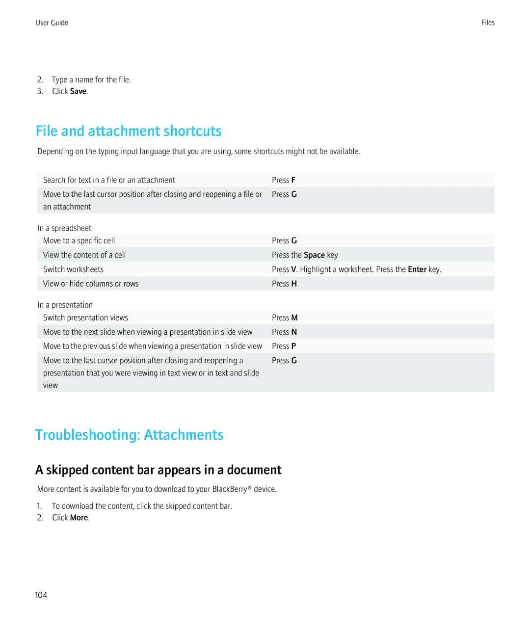 Blackberry 68001, NO_CARRIERCNETTORCH9800BLKATT manual File and attachment shortcuts, Troubleshooting Attachments 