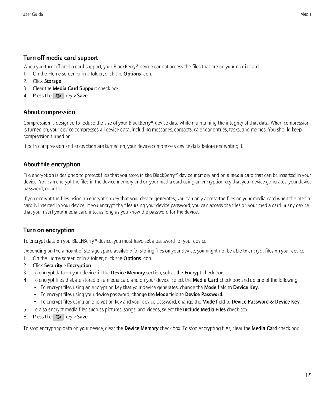 Blackberry 9800, 68001 manual Turn off media card support, About compression, About file encryption, Turn on encryption 