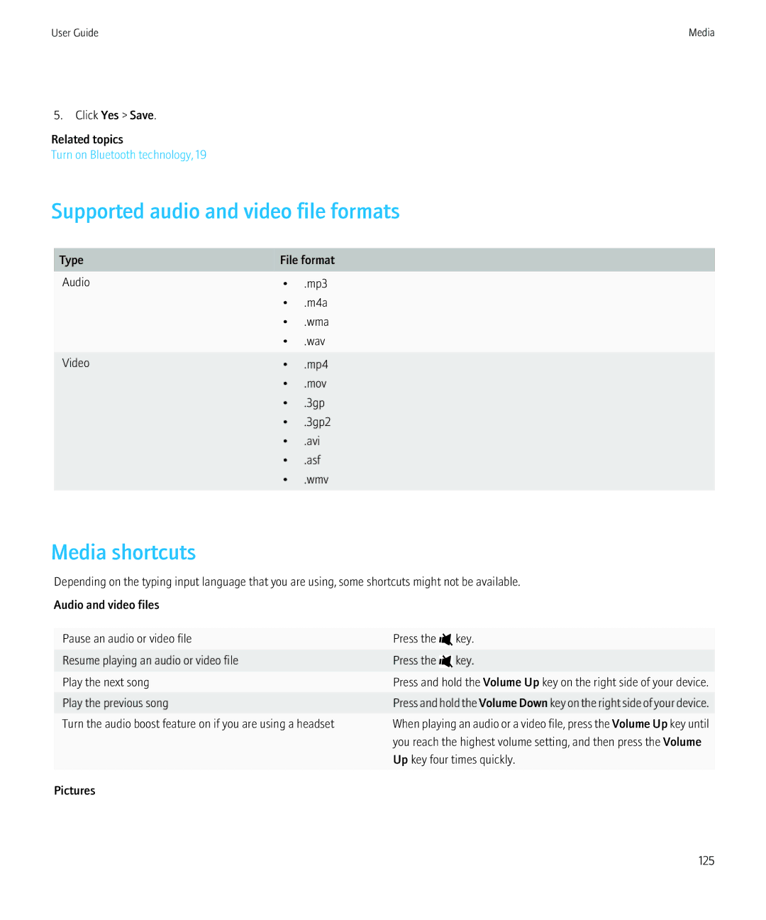 Blackberry 68001, NO_CARRIERCNETTORCH9800BLKATT manual Supported audio and video file formats, Media shortcuts 