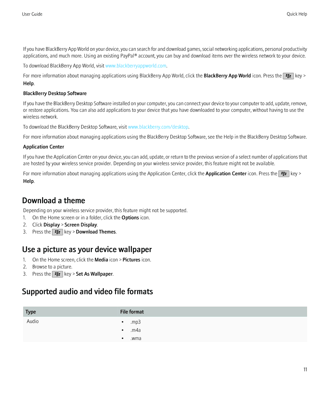 Blackberry 68001, 9800 Download a theme, Use a picture as your device wallpaper, Supported audio and video file formats 