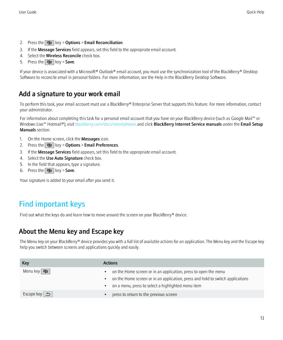 Blackberry 9800, 68001 manual Find important keys, Add a signature to your work email, About the Menu key and Escape key 
