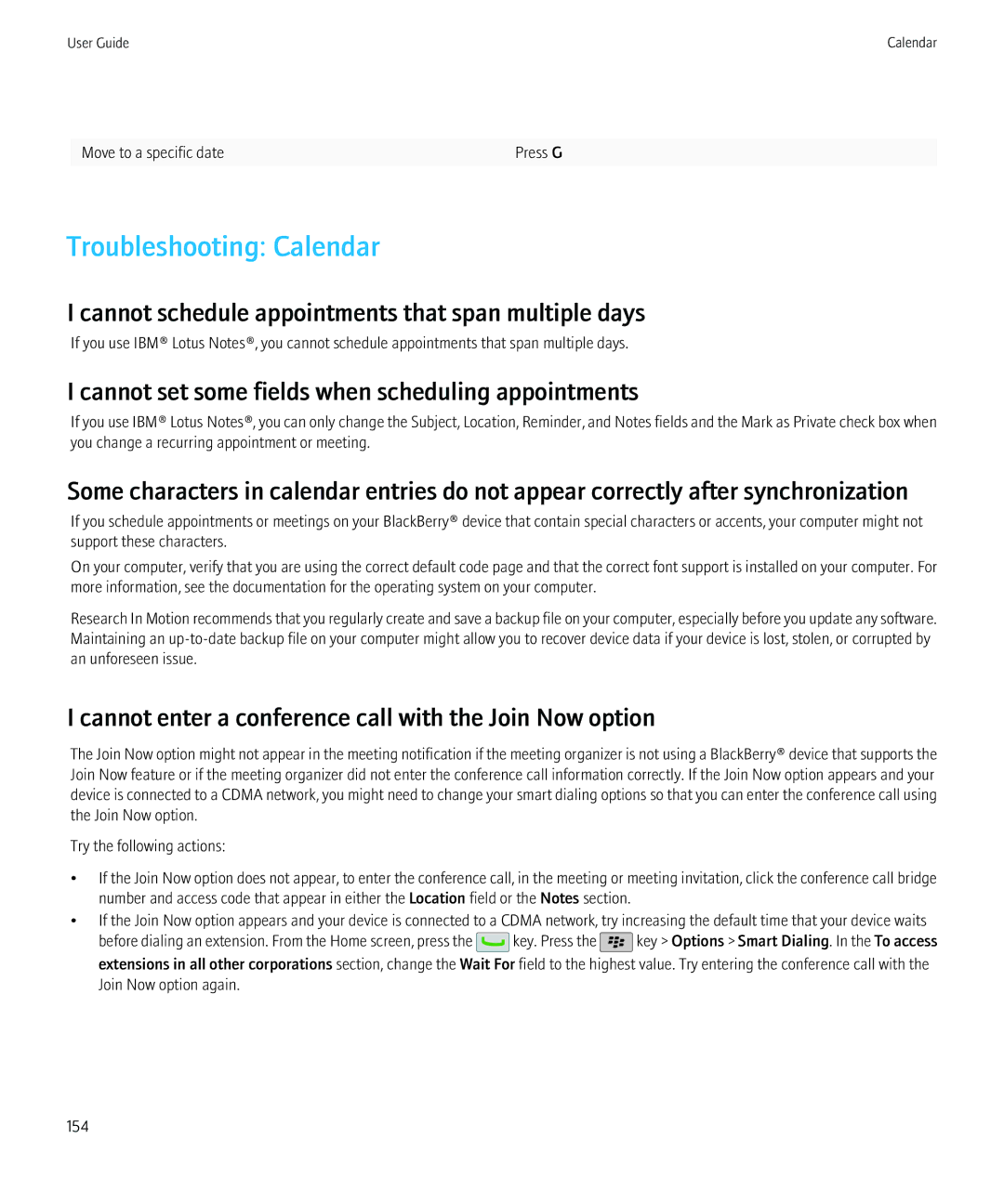 Blackberry 9800, 68001 manual Troubleshooting Calendar, Cannot schedule appointments that span multiple days 