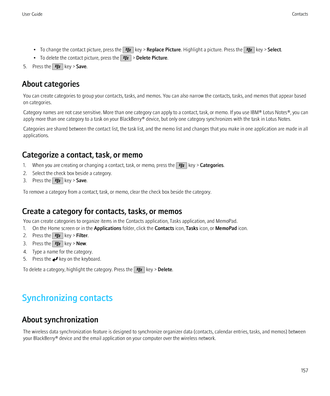 Blackberry 9800, 68001 manual Synchronizing contacts, About categories, Categorize a contact, task, or memo 