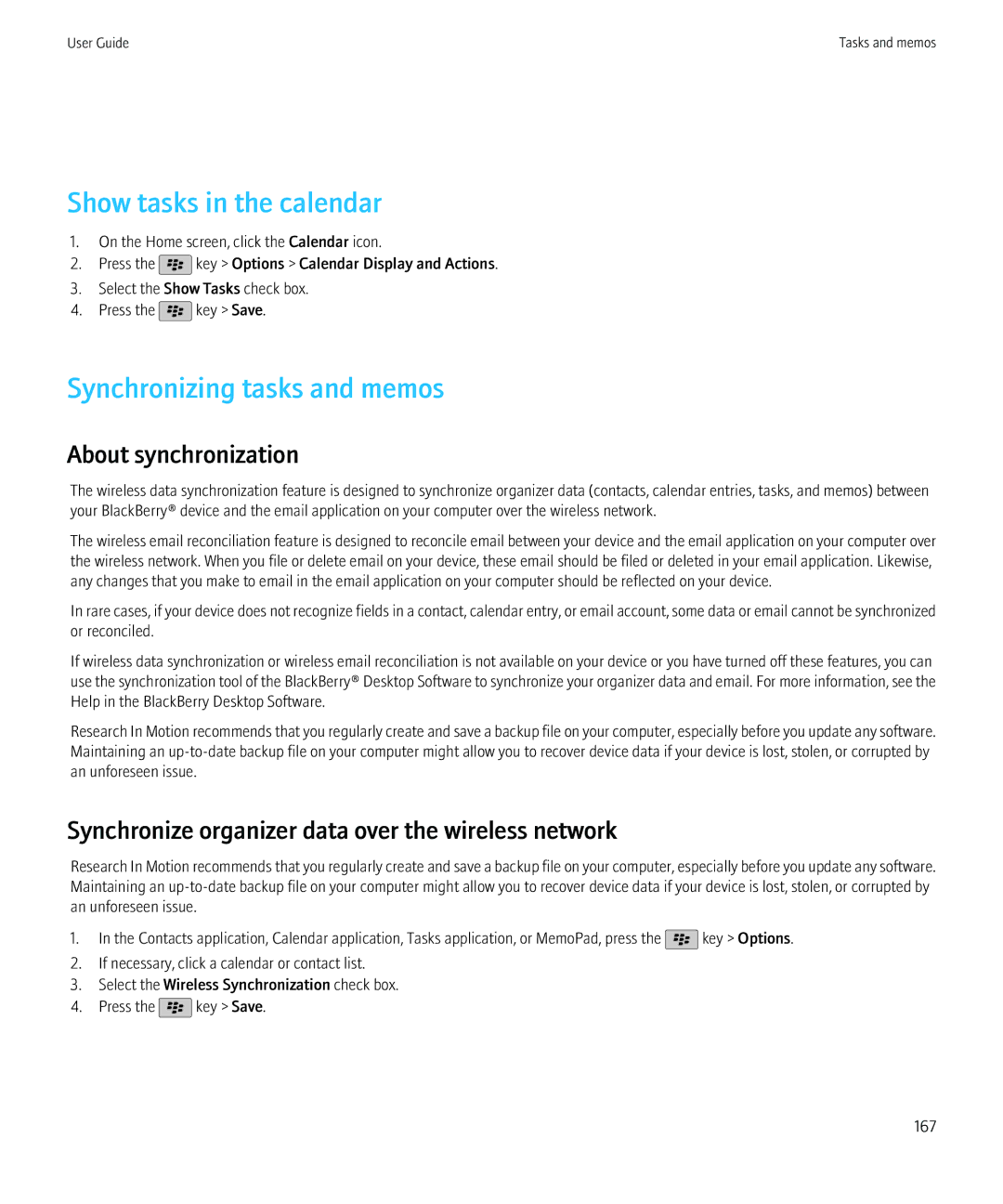 Blackberry 68001, NO_CARRIERCNETTORCH9800BLKATT manual Show tasks in the calendar, Synchronizing tasks and memos 