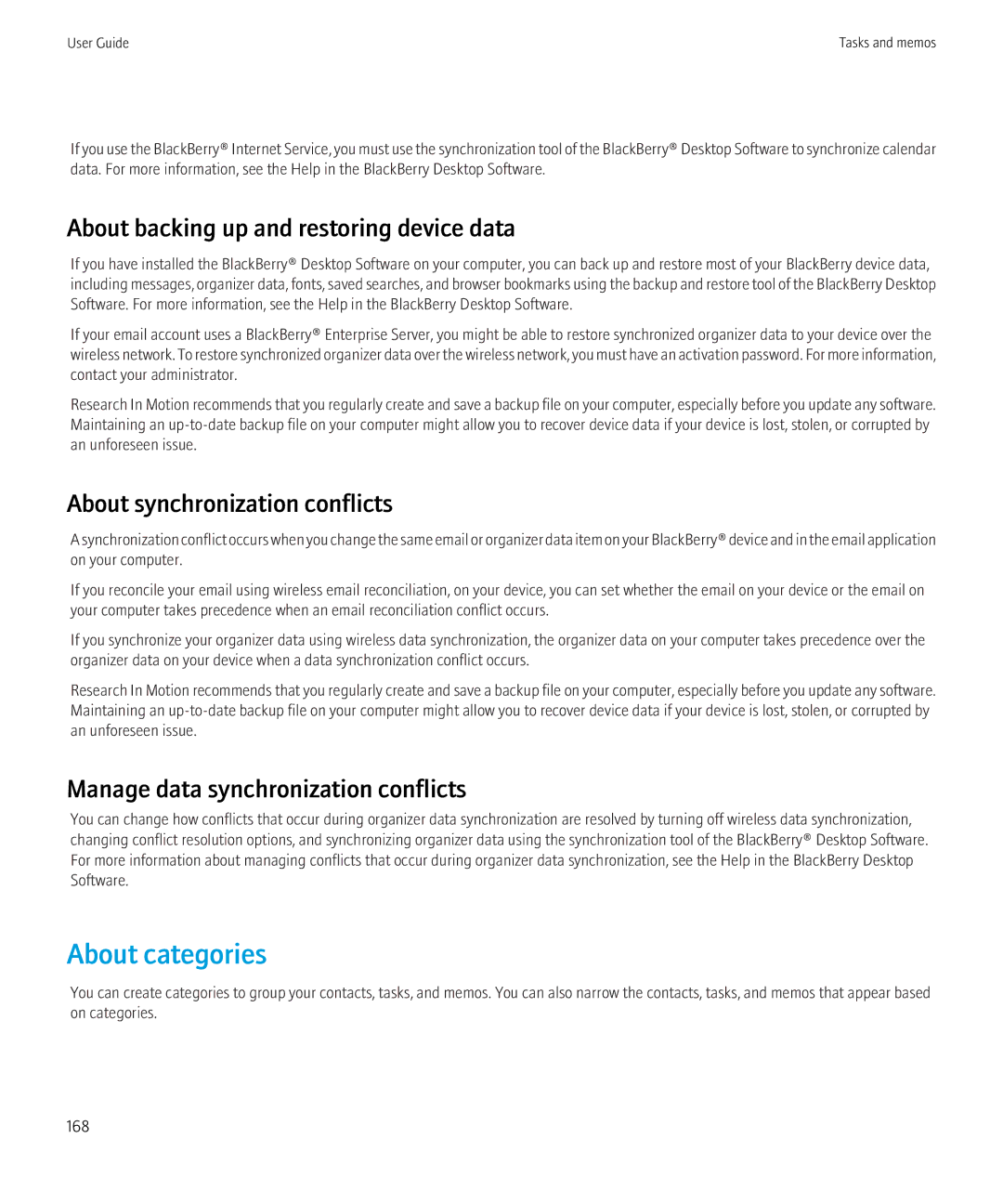 Blackberry NO_CARRIERCNETTORCH9800BLKATT, 68001 manual About categories, About backing up and restoring device data 