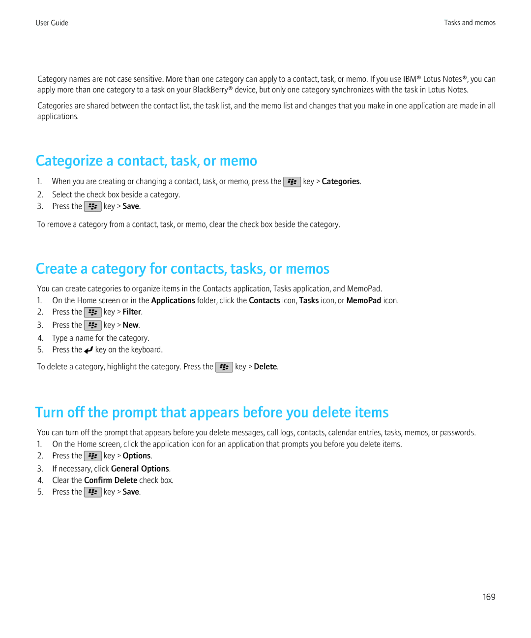 Blackberry 9800, 68001 manual Categorize a contact, task, or memo, Create a category for contacts, tasks, or memos 