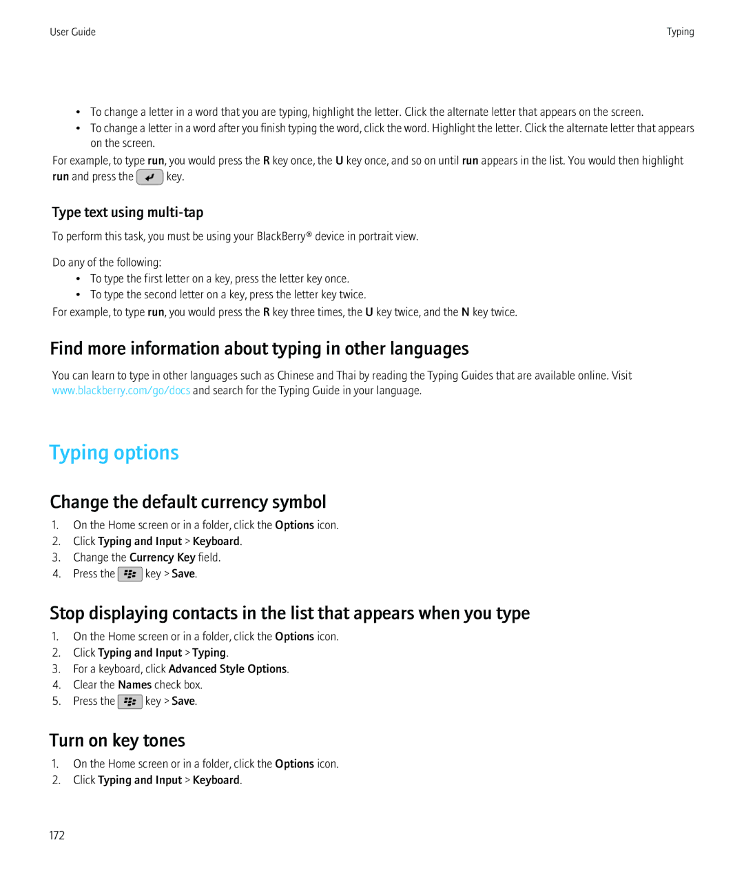 Blackberry 9800 Typing options, Find more information about typing in other languages, Change the default currency symbol 