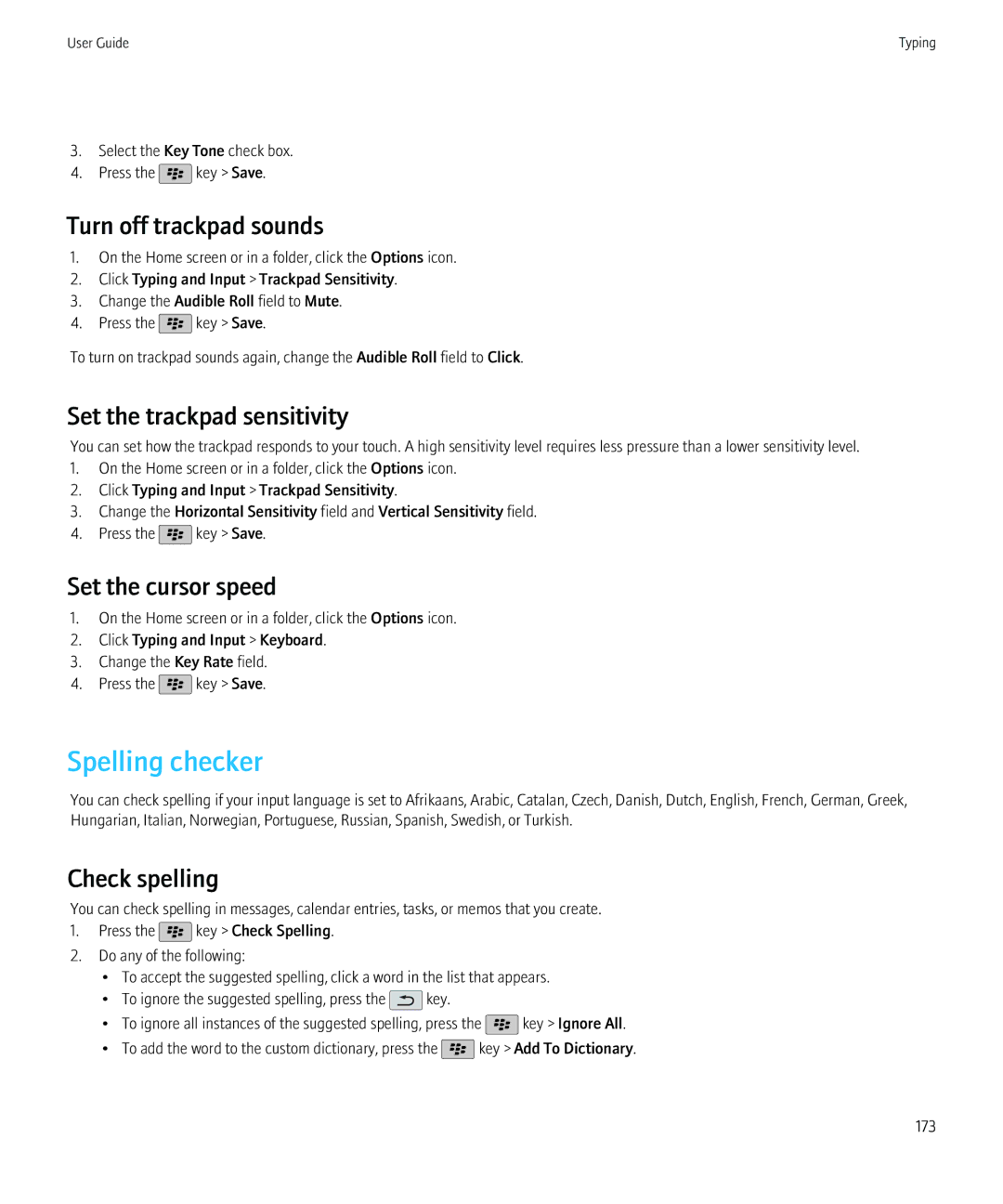 Blackberry 68001, 9800 manual Spelling checker, Turn off trackpad sounds, Set the trackpad sensitivity, Set the cursor speed 