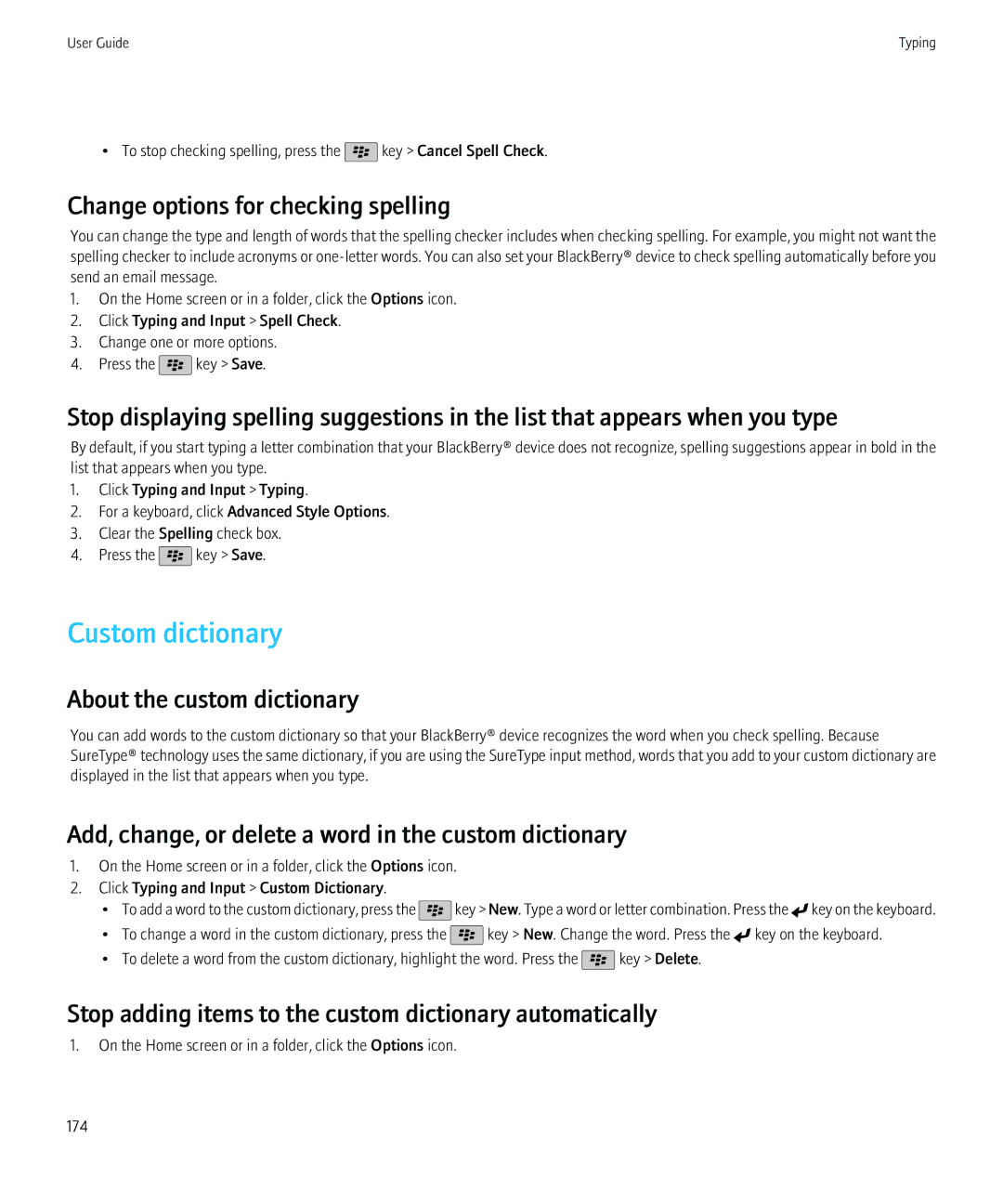 Blackberry NO_CARRIERCNETTORCH9800BLKATT, 68001 manual Custom dictionary, Change options for checking spelling 
