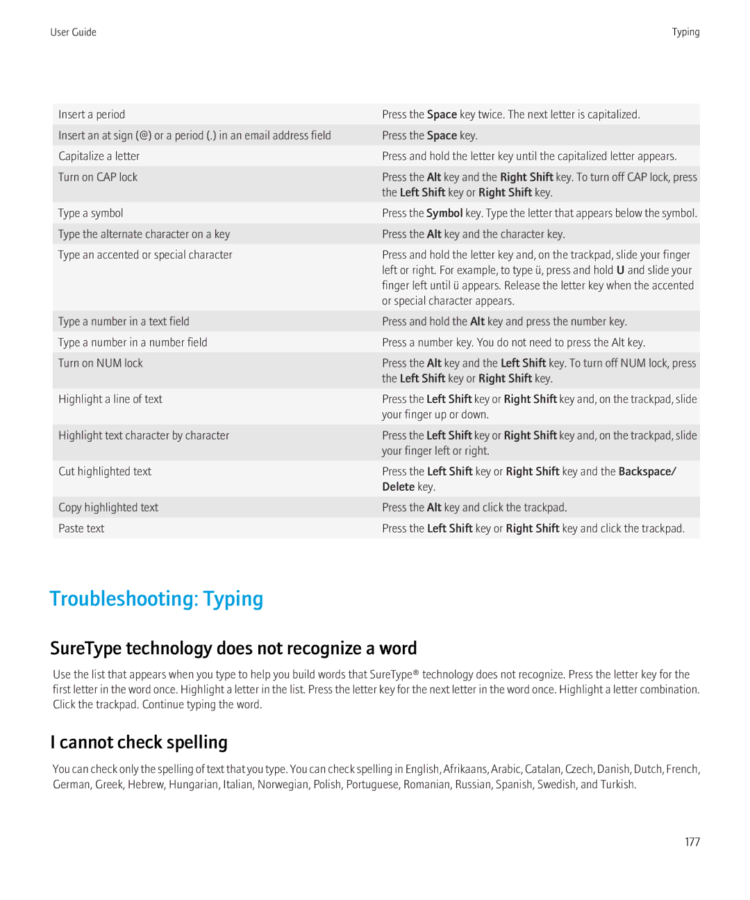 Blackberry NO_CARRIERCNETTORCH9800BLKATT, 68001 manual Troubleshooting Typing, SureType technology does not recognize a word 