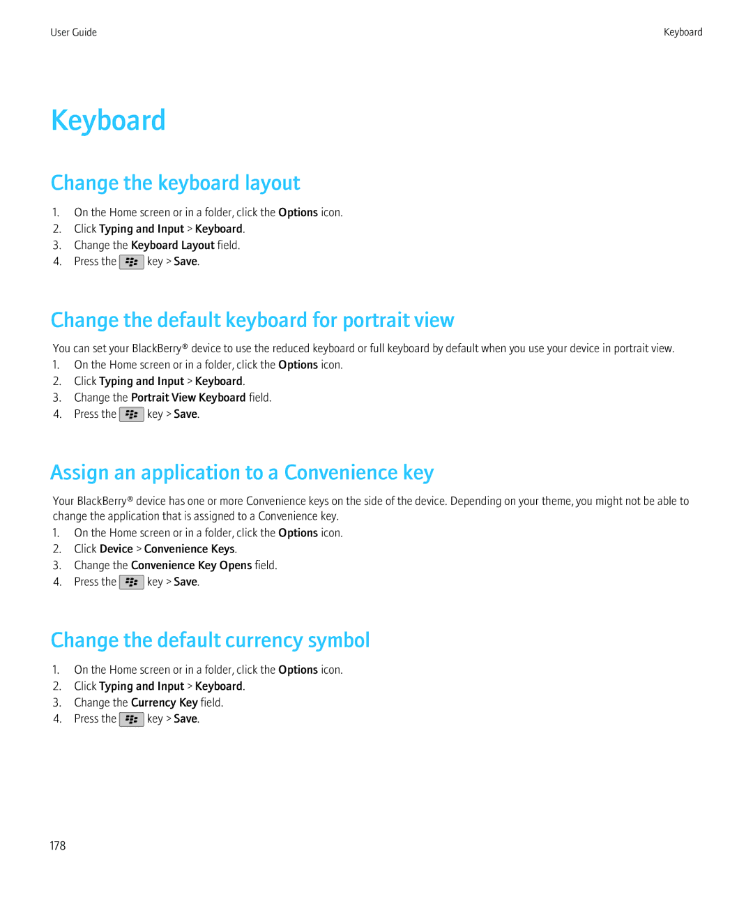 Blackberry 9800, 68001 manual Keyboard, Change the keyboard layout, Change the default keyboard for portrait view 