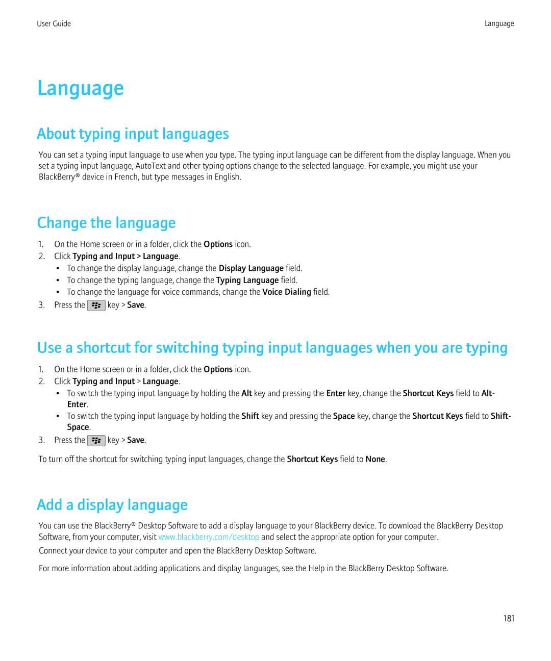 Blackberry 9800, 68001 manual Language, About typing input languages, Change the language, Add a display language 