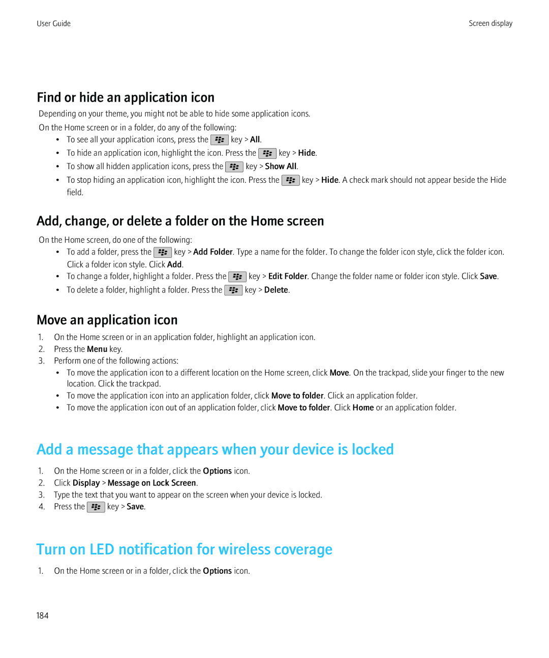 Blackberry 9800 Add a message that appears when your device is locked, Turn on LED notification for wireless coverage 