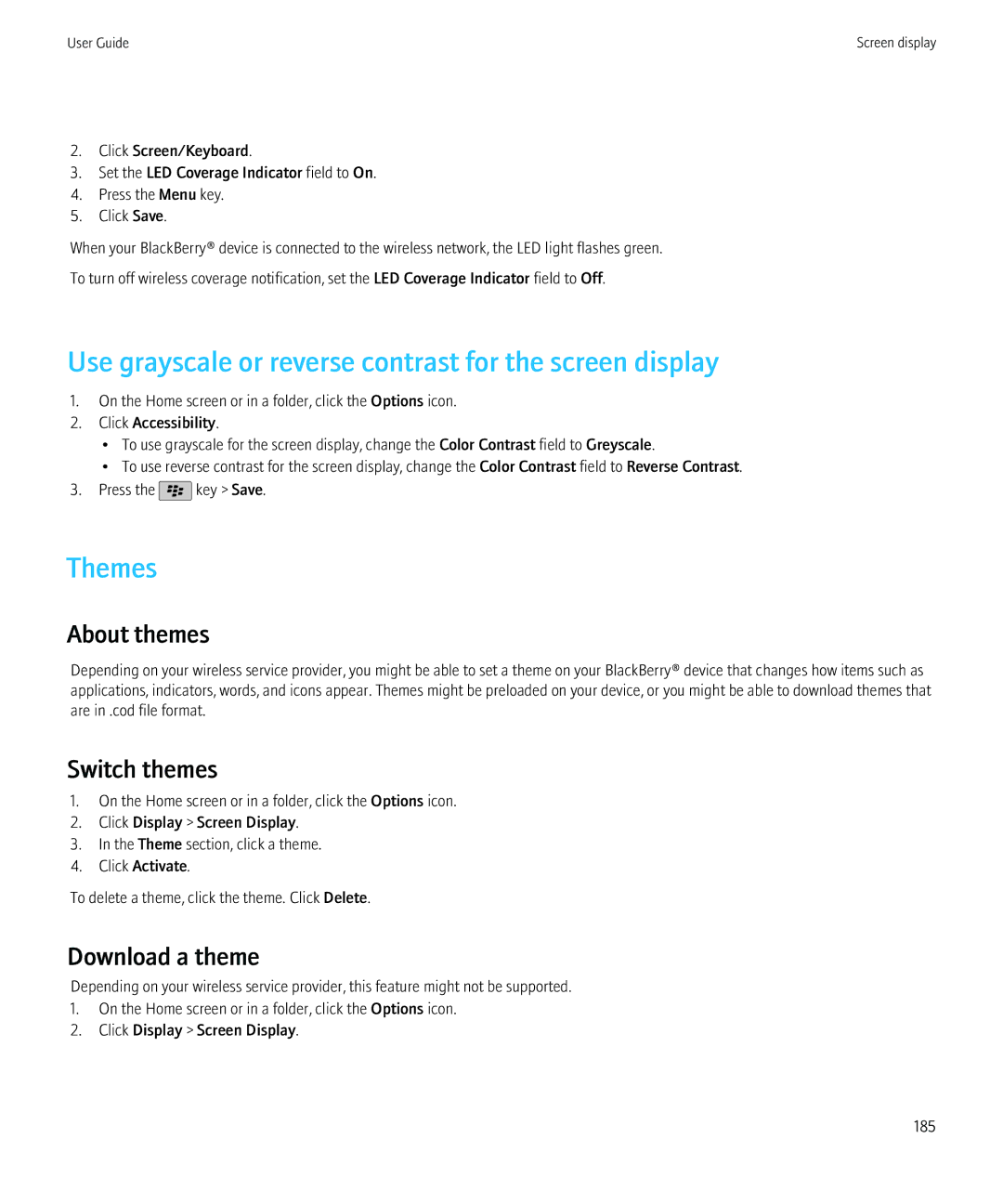 Blackberry 68001, 9800 manual Use grayscale or reverse contrast for the screen display, Themes, About themes 