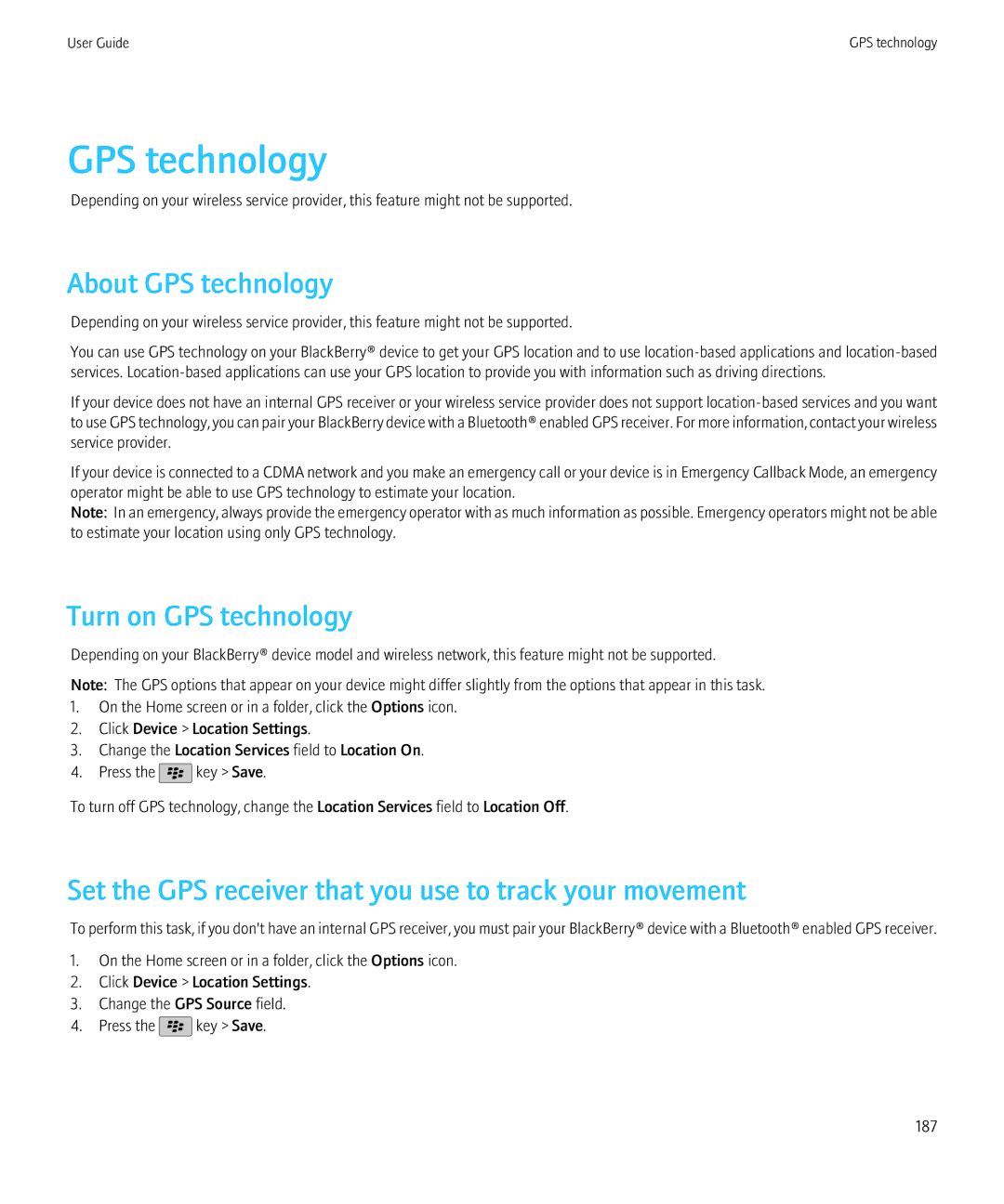 Blackberry 9800 About GPS technology, Turn on GPS technology, Set the GPS receiver that you use to track your movement 