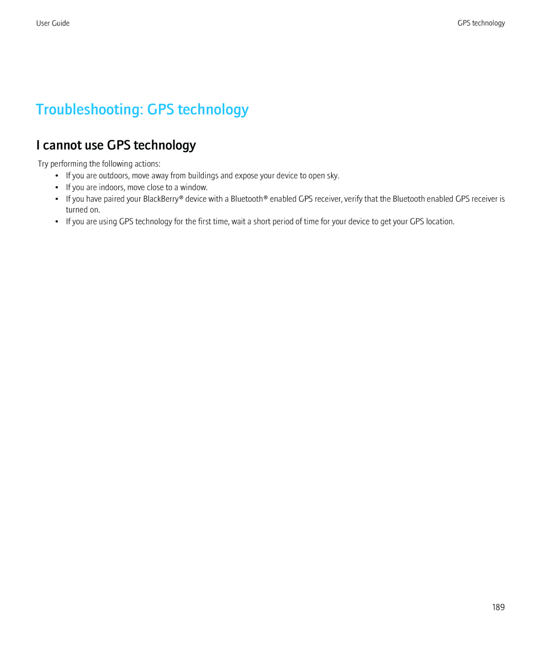 Blackberry NO_CARRIERCNETTORCH9800BLKATT, 68001 manual Troubleshooting GPS technology, Cannot use GPS technology 