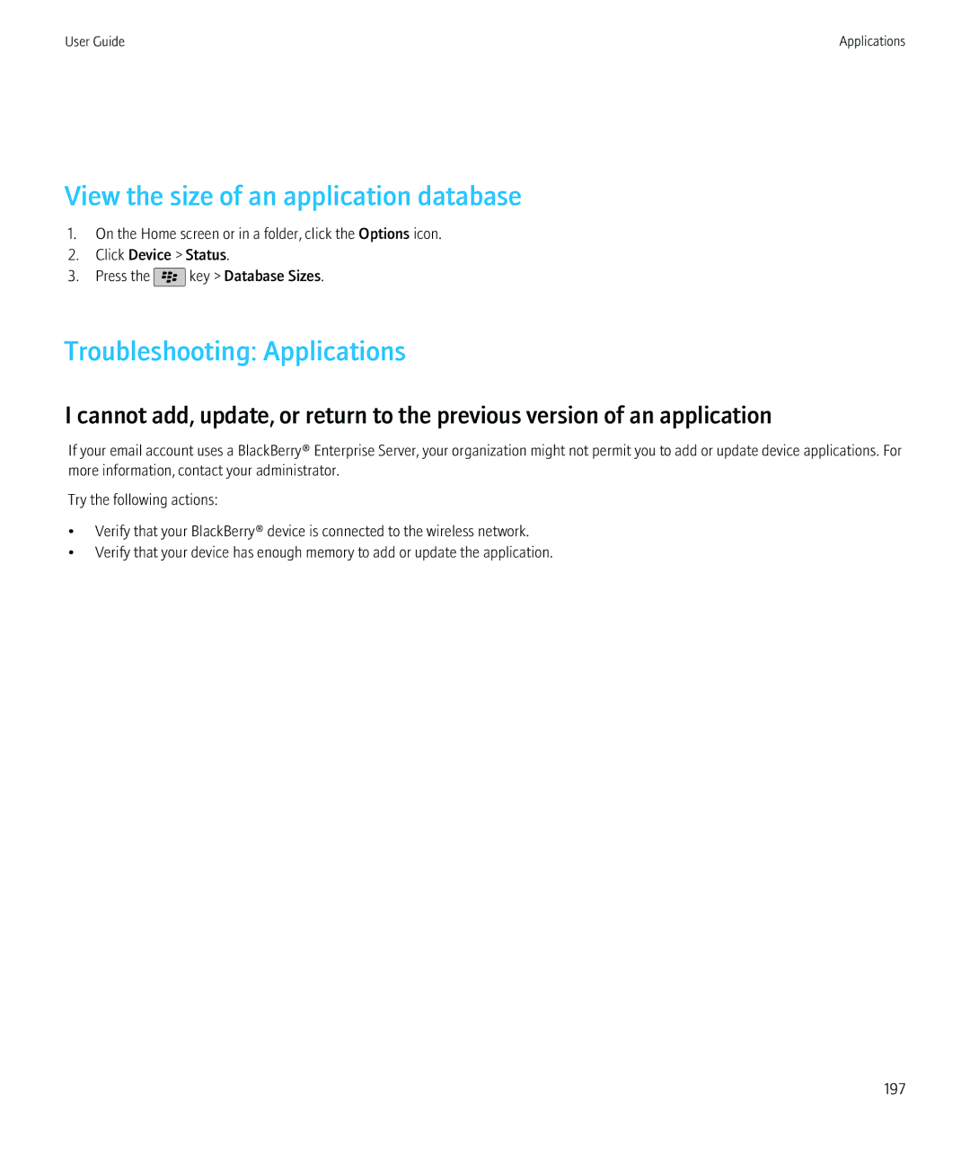 Blackberry 68001, 9800 manual View the size of an application database, Troubleshooting Applications 