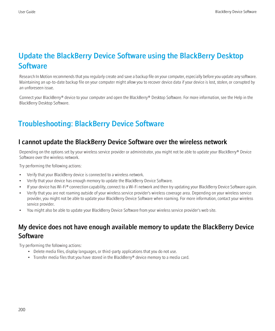 Blackberry 68001, NO_CARRIERCNETTORCH9800BLKATT manual Troubleshooting BlackBerry Device Software 