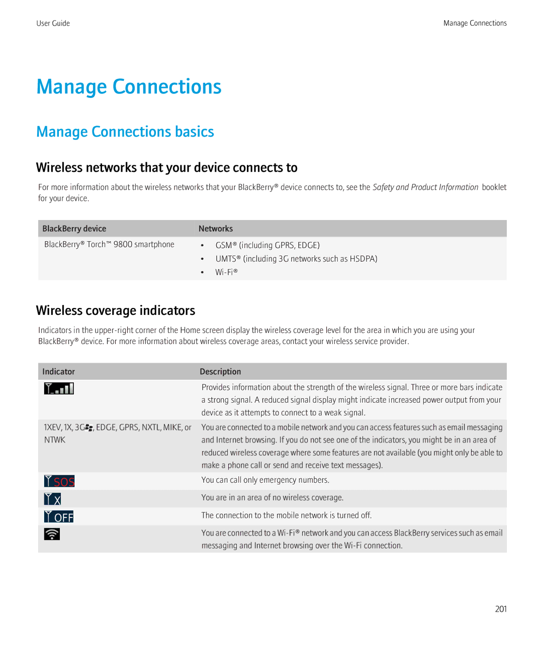 Blackberry NO_CARRIERCNETTORCH9800BLKATT Manage Connections basics, Wireless networks that your device connects to 