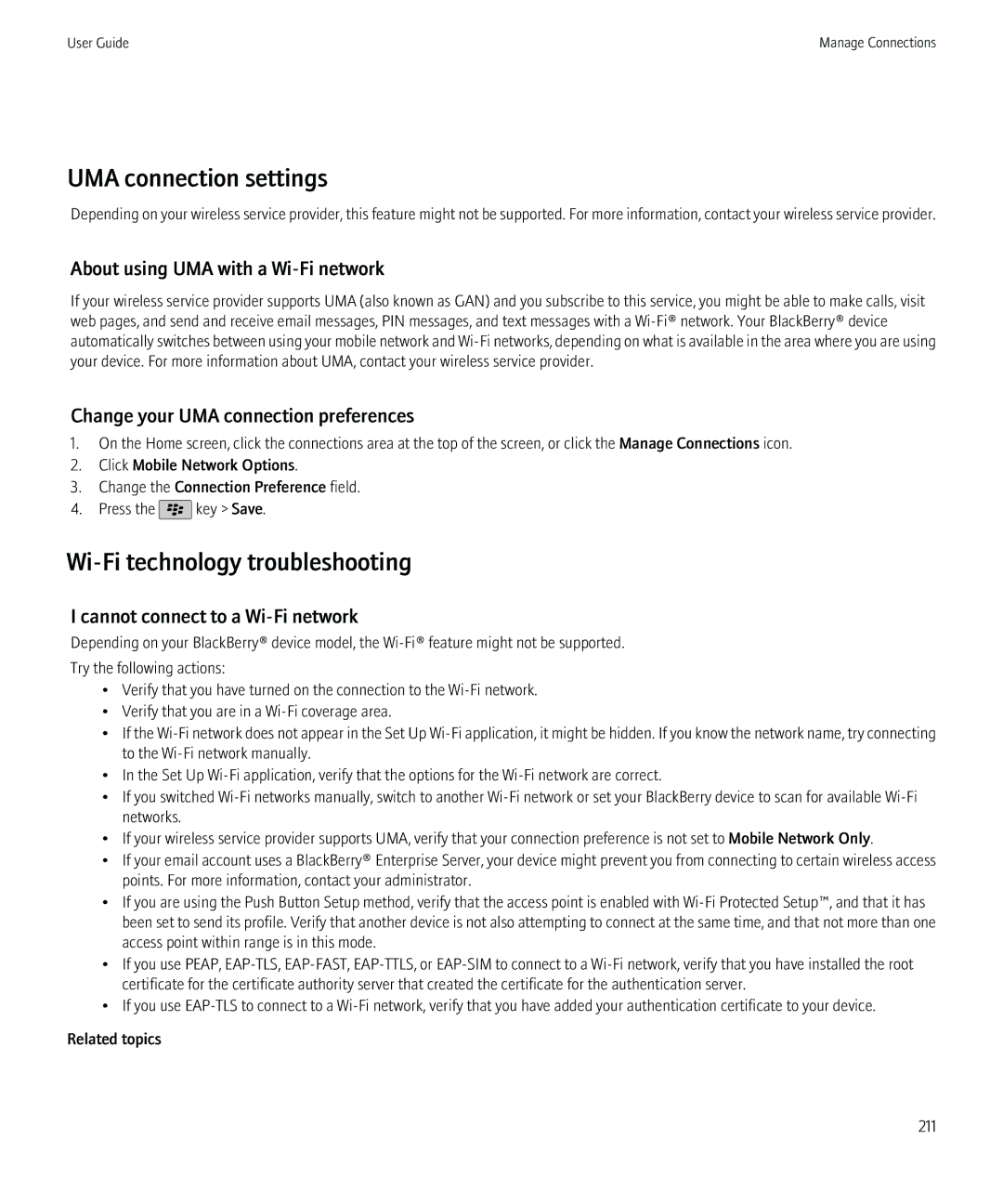 Blackberry 9800, 68001 UMA connection settings, Wi-Fi technology troubleshooting, About using UMA with a Wi-Fi network 