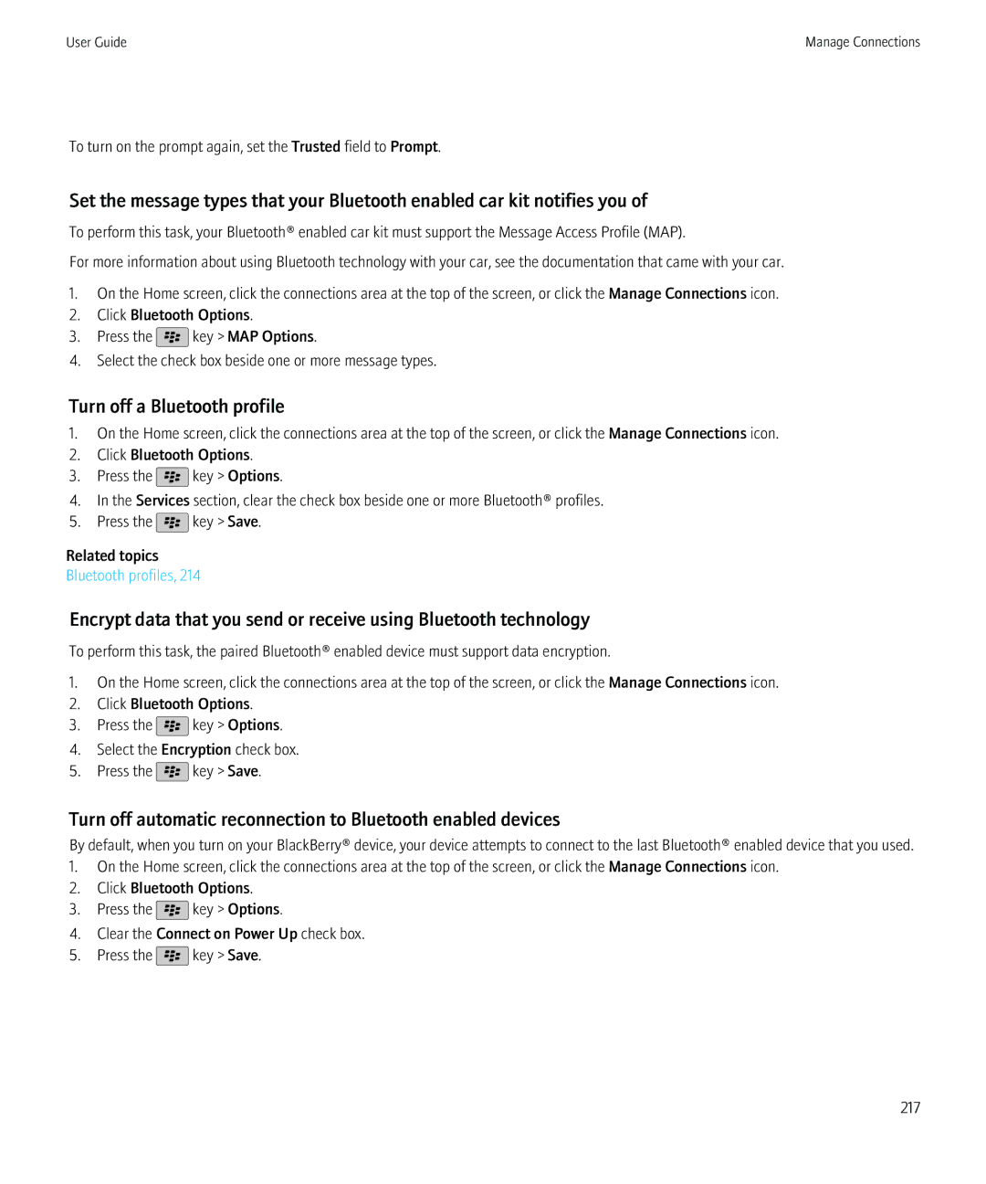 Blackberry 9800, 68001 manual Turn off a Bluetooth profile, Turn off automatic reconnection to Bluetooth enabled devices 