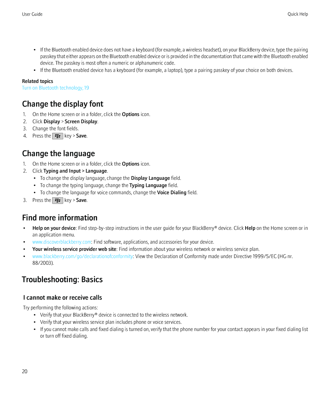 Blackberry 68001, 9800 manual Change the display font, Change the language, Find more information, Troubleshooting Basics 