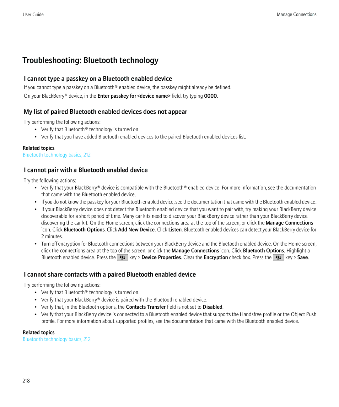 Blackberry 68001, 9800 manual Troubleshooting Bluetooth technology, Cannot type a passkey on a Bluetooth enabled device 